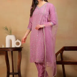 KALINI Floral Embroidered Straight Sequinned Kurta with Trousers & Dupatta image 5