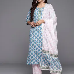 Libas Women Blue Floral Printed Pure Cotton Kurta with Trousers & With Dupatta image 1