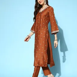 Inddus Women Rust Ethnic Motifs Embroidered Kurta with Trousers image 4