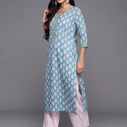 Libas Women Blue Floral Printed Pure Cotton Kurta with Trousers & With Dupatta image 5
