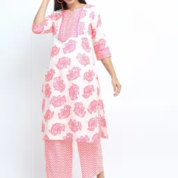Vishudh Women Off White & Pink Ethnic Motifs Printed Kurta With Palazzos-picture-1