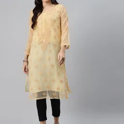 ADA Women Beige & Black Ethnic Motifs Embroidered Chikankari Handloom Kurta with Trousers & Inner image 5