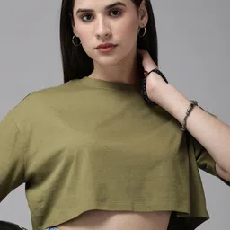 Roadster Women Solid Drop-Shoulder Sleeves Boxy Crop T-shirt-image-78