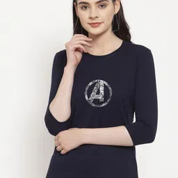 Friskers Women Navy Blue & dark sapphire Biker Printed T-shirt-image-100