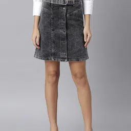 KASSUALLY Women Charcoal Washed Denim Straight Mini Skirt-picture-40