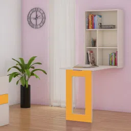 Calypso Kids Wall Mounted Folding Study Desk and Built In Bookshelf in Light Wood Mango Yellow Colour-image-46