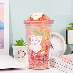 Double Wall Cartoon Printed Sipper with Straw,Jelly Freezer Water Sipper for Kids, Acrylic Sipper Bottle with Straw - 450 ML (D - Pink)(BB 9018)-image-0