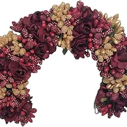 happi tokens Maroon with Gold Flower Hair Veni/Gajra Brooch – Bridal Wedding Hair Accessory – Reusable Floral Bun Pin for Mehndi, Party & Festive Looks-picture-30