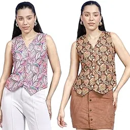 amazon brand - inkast Women Waistcoat | Sleeveless Tops | Blouse | Stylish Fashion-Forward | V neck | Casual Wear (Pack of 2) image 1