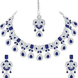 atasi international Crystal Diamond Necklace with Earrings and Maang Tikka for Women | Elegant Jewellery Set for Party, Wedding, and Engagement-picture-16