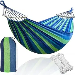 Baskety Camping Hammock Double & Single Portable Hammocks with 2 Hanging Ropes Hammock with Carrying Bag for Patio Porch Garden Backyard Lounging Outdoor/ Indoor Hammock (BLUE, Wooden stripe 280*100)-image-95