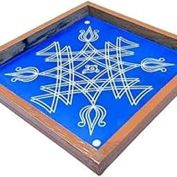 Traditional Kolam Rangoli Stencil, 25.4 x 25.4 cm, Blue and White Design with Wooden Frame-picture-26
