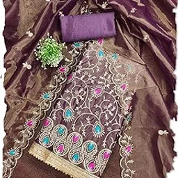 leeza store Women’s Unstitched Organza Salwar Suit Dress Material – Motifs with Golden Thread Work, Plain Solid Bottom & Dupatta – 3XL Size-picture-55