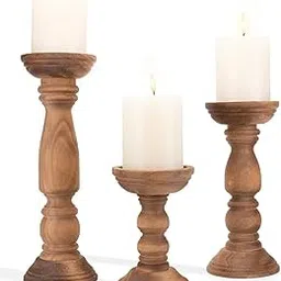 Decoristic Wooden Candle Holder Dining Table Candle Pillar Holder Centerpiece Candle Stand Decorative Tealight Stand for Living Room Bedroom Balcony Restaurant Offices Set of 3 12'' 9'' 6''Brown-image-5
