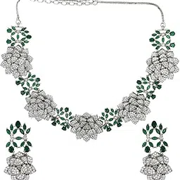 iksava Premium Floral Necklace Set for Women in Brass with American Diamond Set | Gold and Silver Wedding Jewellery with Earrings | Designer Necklace Set-picture-15