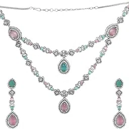 AD Necklace Set with Pastel Gemstones for Women | American Diamond Bridal Jewelry | Elegant Pastel Stone Necklace with Earrings for Weddings & Parties-image-4