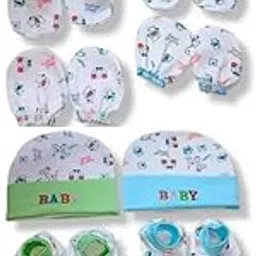 TRIVIKA AND SONS Newborn Baby Combo Set | Supersoft Booties, Mittens and Cap for Boys and Girls | Soft Cotton Infant Essentials (in, Age, 0 Months, 6 Months, Pack of 4, Pattern6)-image-93