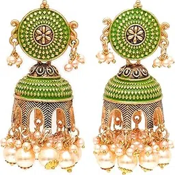 karatcart Antique Gold Plated Light Green Tomb Style with Golden Pearl Jhumki Earrings for Women-picture-18