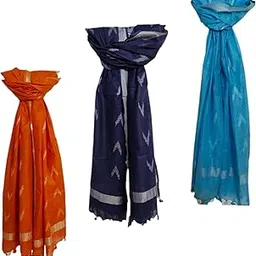 zafreen handloom Women's Bhagalpuri Cotton Linen Blend Handwoven Ikkat Dupatta with Zari Border, Free Size-picture-26