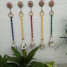 Ceramic Bell Wind Chimes with Macrame Hanger, Handpainted Floral Design, Set of 5, 45 cm Length, Multicolour-picture-26