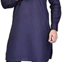 printindia fashionable yourself Men's Traditional Cotton Blend Pathani Suit Set | Regular Long Sleeve, Straight, Knee Length Collared Neck Solid Kurta | Elastic Waistband Pyjama | NavyBlue.-picture-30
