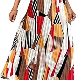 kzully | Women's Long Skirt High Waist Print Pleated Maxi Skirt Regular Fit Casual Long Skirt-picture-41