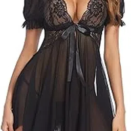 riodebella Sheer Lace Babydoll Nightwear, Black, Puff Sleeve, V-Neck with Bow-picture-22
