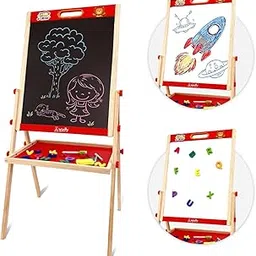 WUDLY® 2-in-1 Wooden Easel for Kids – Double-Sided Chalkboard & Whiteboard with Magnetic Letters, Marker, Duster & Chalk | Learning Drawing Board for Children-image-31