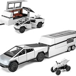Cybertruck Toy for Kids, Pickup Truck with RV Motorcycle Cybertquad Metal Die-cast Model Car, 1/32 Toy Truck and Trailer with Sound/Light/Pull Back, Ideal Gift for Boys (Silver)-picture-26