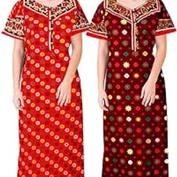 Women's Pure Cotton Nightwear Casual Nighty (RED Maroon FLWR-30 XXL)-picture-64