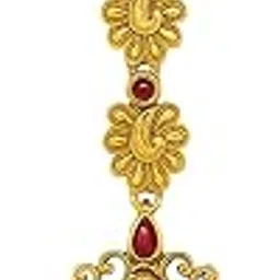 Traditional Brass-Plated Temple Pendant Maang Tikka, Antique Finish, Ruby Red Stone Embellished, Floral Design with Hanging Bells-picture-15