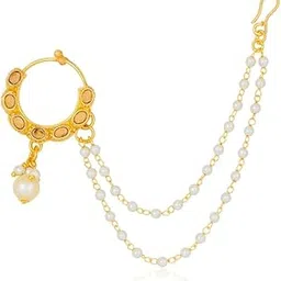 cz stone Bridal Gold Finish Nose Ring with Pearls, Kundan, and Beads Chain-picture-27