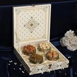 Riwaz White Flower Gift Box Elegance with Gourmet Delights | 4 -Salsa Jars filled with Almond, Cashew, Raisins and Khumani| A Thoughtful Present for Corporates, Wedding & Festival Gifting-picture-37