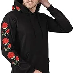 perspective Mens Hoodie with Flower Patch | Black Warm Sweatshirt | Latest | Stylish | Full Sleeve | Hooded T-Shirt | Pullover Fleece | Front Pouch | Ribbed Cuffs | Cotton | Trendy | Fashion wear-picture-50