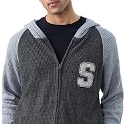 Hooded Sweater: Charcoal Men and Boys Full Sleeves Charcoal Grey Textured Acrylic Oversized Fit Lightweight Everyday Pullover Sweater-image-59