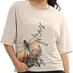 hellcat Beige Printed Loose Fit Crew-Neck Crop T-Shirt for Women-picture-38
