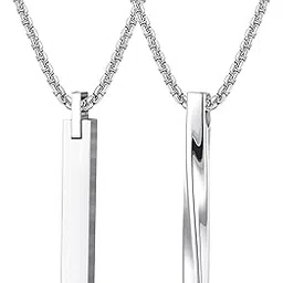 lolias 2pcs Silver-Tone Stainless Steel Bar Pendant Necklace for Mens Women Cool Unisex Twisted Cube Bar Pendant Vertical Cuboid Stick Pendant Chain Necklace Set-picture-25