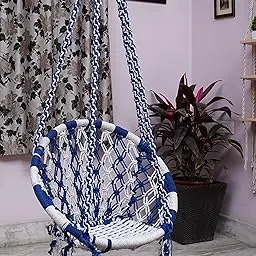 Patiofy Round Cotton Hammock Swing for Adults & Kids/Jhula Swing for Balcony, Indoor, Outdoor, Garden/Capacity Upto 150Kgs/ Includes Hanging Accessories/Handmade Hammock Hanging Swing Chair-White-Blue-image-100