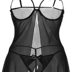 Women's Sheer Babydoll Nightwear Set with Bow Detail, Black-picture-30
