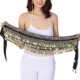 Professional Belly Dance Hip Scarf Belt, Black with Gold Sequin Coins, Multicolor Gemstones, Dance Costume Accessory for Women-picture-31