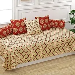 Trance Home Linen 200TC Diwan Set 100% Cotton 6 Pcs | Deewan Printed Bedsheet Sets for Living Room Hall (1-Bed Sheet 54x88 Inch | 2-Bolster Cover 16x32 Inch | 3-Cushion Cover 16x16 Inch) - Dori Red image 1