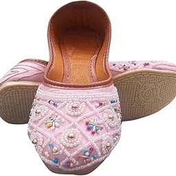Traditional Pink Beaded Mojari Flats, Women's Ethnic Indian Juttis with Pearl Embellishments, Crystal Pattern, Leather Sole Slip-on Shoes-image-71