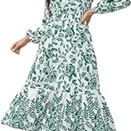 tadkee Floral & Leaves Print | V-Neck | Elegant Elastic Waist | Long Sleeve | Midi | One Piece for Women-picture-43