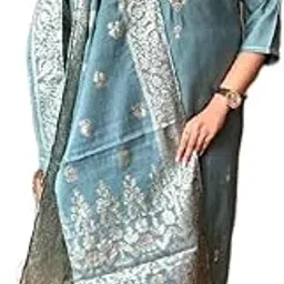 Traditional Embroidered Kurti Set with Dupatta, Light Blue with Silver Work, 3/4 Sleeves-picture-54