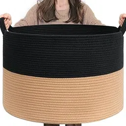 INDRESSME XXXLarge Cotton Rope Basket Woven for Baby Laundry, Toy with Handle Comforter Cushions Storage Bin Thread Hamper - 21.7" x 21.7" x 13.8" (Black & Camel)-picture-12