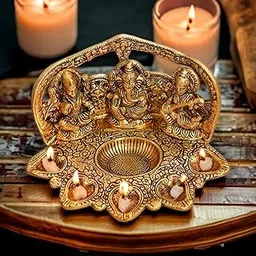 Saudeep India Metal Laxmi Ganesh Saraswati Idol Diya | Brass Lakshmi Ganesha Showpiece Status | Traditional Diya for Diwali Puja - Diwali Home Decoration Items Gifts (Regular Quality)-picture-29