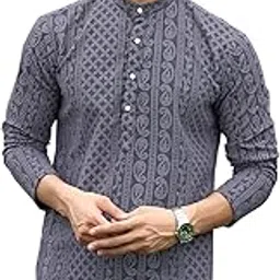 indiroop Premium Georgette Chikankari Embroidered Kurta for Men Cotton Blend Fabric Regular Fit Kurta Pajama Casual, Festive Ethnic Outfit Kurta Set for Men-picture-24