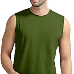 JANGOBOY Men's Solid Round Neck Sleeveless Polyester T-Shirt (Trip-694-xl_Olive_XL) Pack of 1-image-0