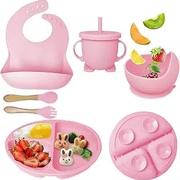 Kresal 6 Piece Silicone Baby Feeding Set, Suction Bowl & Plate, Bib, Spoon, Fork, Sippy Cup, BPA-Free, Non-Slip, Microwave Safe, Baby Dinner Set for 6+ Months, Toddler Essentials (Pink)-image-78