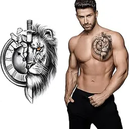 S.A.V.I Waterproof Temporary Tattoos for Men and Women - Half Lion Face Half Clock with Dagger Sword Design-picture-56